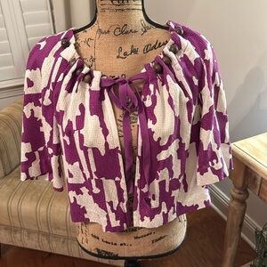 TRINA TURK Silk Purple Abstract Print Swing Jacket 3/4 Sleeve Crop Wooden Beads